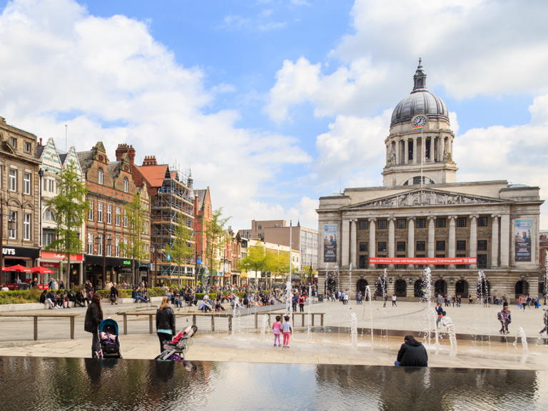 Nottingham Council House behind Old Market Square in the sunshine